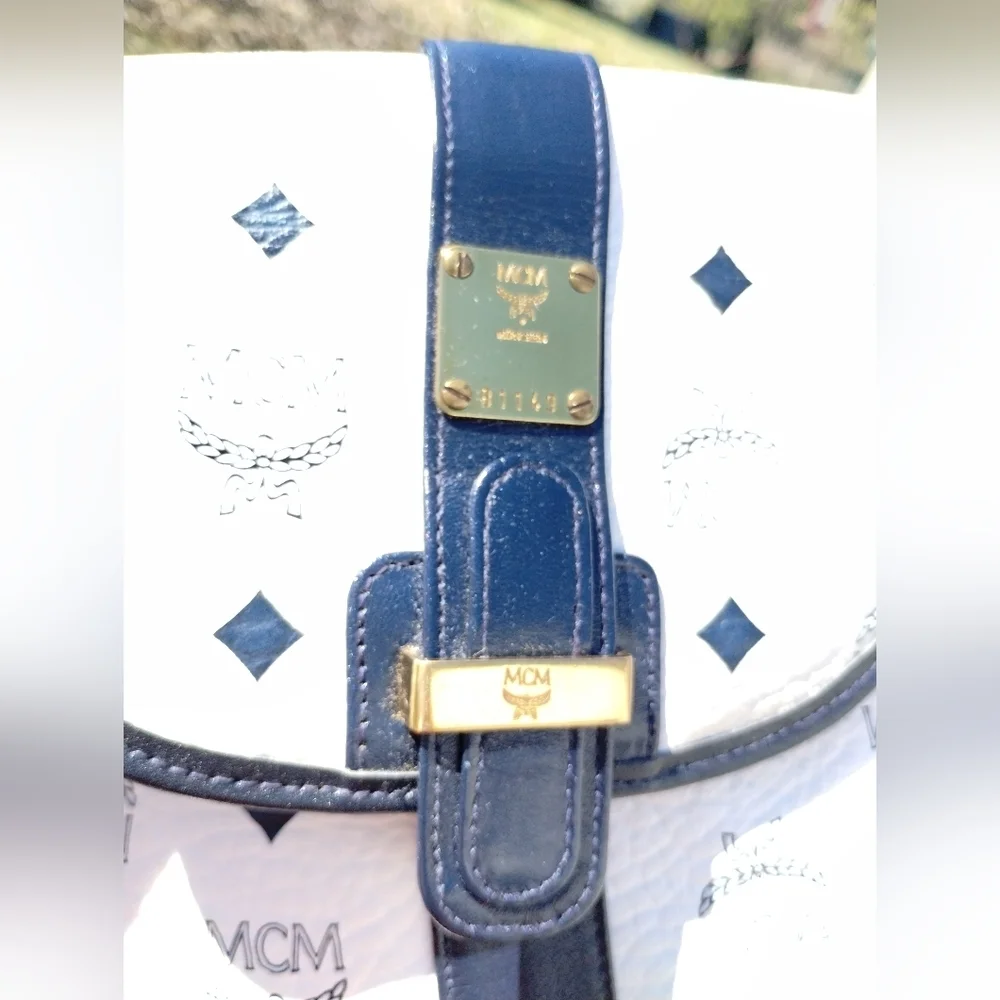 MCM Patricia Monogram Blue White Leather Crossbody Shoulder Bag Laurel Lock